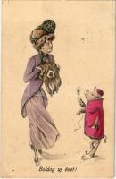 1910 Boldog Újévet / New Year greeting art postcard with ice skating lady and pig. B.K.W.I. 2701-1. (fl)