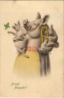 1910 Prosit Neujahr / New Year greeting art postcard with pigs, horseshoe and clover. P.T.L. Art de Vienne No. 108. (fl)