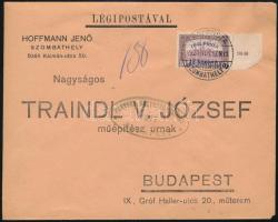 1920 Légi levél Légi posta 12K/10K ívszéli bélyeggel bérmentesítve, &quot;SZOMBATHELY&quot; - &quot;BUDAPEST&quot;