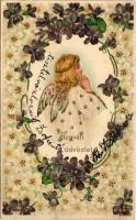 1910 Húsvéti üdvözlet / Easter greeting art postcard with angel. Emb. Floral, litho (kis szakadás / small tear)