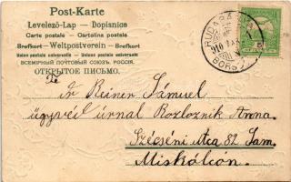 1910 Húsvéti üdvözlet / Easter greeting art postcard with angel. Emb. Floral, litho (kis szakadás / ...