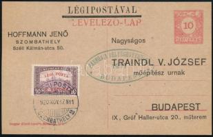 1920 Légiposta díjjegyes levelezőlap Légi posta 8K/10K díjkiegészítéssel, &quot;SZOMBATHELY&quot; - Budapest