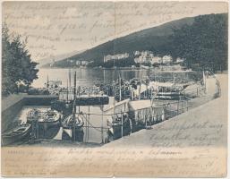 1908 Abbazia, Opatija; Hafenpartie / kikötő. 2-részes kihajtható panorámalap / port. 2-tiled folding panoramacard (hajtásnál szakadt / torn at fold)