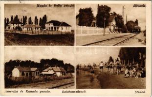 1934 Balatonszárszó, Amerika és Kanada Pensio, strand, Magda és Balla penzió, vasútállomás, vonat