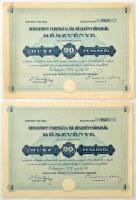 Esztergom 1926. &quot;Heischmann Ferencz és fia Részvénytársaság&quot; részvénye 20P-ről (2x) sorszámkövetők &quot;0467-0468&quot;, szelvényekkel, szárazpecséttel T:AU az egyiken gemkapocs nyom, folt