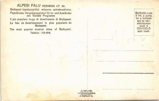 Budapest XIV. Alpesi falu, belső. Budapest legnépszerűbb műsoros szórakozóhelye, Dreher Brandy reklá...