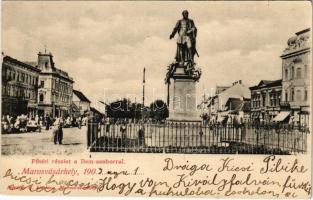 1903 Marosvásárhely, Targu Mures; Fő tér, Bem szobor, Petrás Géza és Pototzky Péter üzlete, piac. Petróczy G. kiadása / main square, statue, shops, market