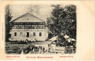 Szlatinafüred, Slatina (Aknaszlatina, Solotvyno; Máramaros); Pável sósfürdő, vendéglő, étterem. Berger Miksa kiadása / spa, restaurant