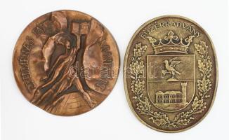 cca 1970 Eredményes Pártmunkáért bronz plakett d: 11,5 cm + Füzérradvány kerámia plakett 12x10 cm