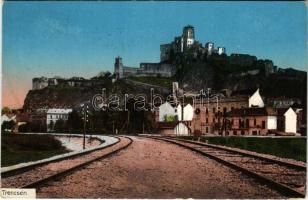 1914 Trencsén, Trencín; vár, vasútvonal. Gansel Lipót kiadása / Trenciansky hrad / castle, railway line + &quot;ZSOLNA - POZSONY 47. SZ. B&quot; vasúti mozgóposta bélyegző