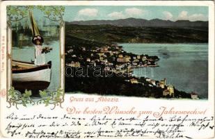 1904 Abbazia, Opatija; Die besten Wünsche zum Jahreswechsel / Újévi üdvözlet / New Year greeting. Art Nouveau, floral (EK)