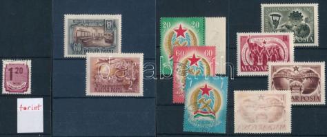 1949-1950 Szakszervezet (IV.) sor + 1Ft gépszínátnyomattal + Bélyegmúzeum sor + Alkotmány (I.) sor makkos vízjellel + Forint-fillér portó (II.) 1,20Ft eltömődött "o" betű a forint szóban