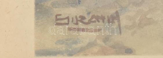 Olvashatatlan jelzéssel: Jövés-menés. Akvarell, papír. Dekoratív, üvegezett, kissé sérült fakeretben...