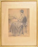 Burghardt Rezső (1884-1963): Olvasó hölgy portréja, 1916. Ceruza, papír. Jelzett. Dekoratív, üvegeze...