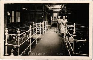 Szliács-fürdő, Kúpele Sliac; I. és II. fürdő, belső fürdőzőkkel / spa, bathhouse, interior with bathers. photo