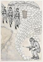 Lobkovitz Eleonóra (-): 16 db illusztráció (női katonák, utazás vonaton stb.). Tus, papír. Jelzés né...