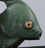 Könyvtámasz pár, zöld hal figurák, pácolt fa talpban, kopással, 14x13 cm