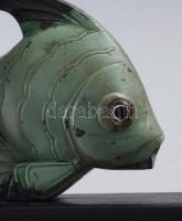 Könyvtámasz pár, zöld hal figurák, pácolt fa talpban, kopással, 14x13 cm