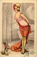 Italian lady art postcard with dog s: A. Bertiglia