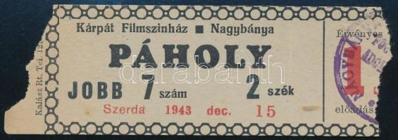 1943 Belépőjegy a nagybányai (Erdély) Kárpát moziba a Nagy Árnyék című horrorfilmre