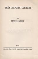 Pethő Sándor:  Gróf Apponyi Albert, Budapest-Leipzig-Wien, 1926. Eligius Könyvkiadó (Pallas Rt. ny.) 1 t. (címkép) + 50 + [2] p. + 7 t. Egyetlen magyar kiadás. Apponyi Albert (1846-1933) jogászról, országgyűlési képviselőről, nemzetközi hírnevű szónokról írt pályakép. A dualizmus korától a trianoni békediktátumon át a Horthy-korszakig itthon és külföldön egyaránt aktív államférfi kivételes szónoki képességeit Európa-szerte elismerték. A sorozatcímlap szerint kiadványunk a német nyelvű ,,Das moderne Ungarn&quot; életműsorozat magyar nyelvű kiadványa. Példányunk fűzése kissé meglazult. (Magyarország nagyjai sorozat.) Fűzve, feliratozott, enyhén sérült kiadói borítóban.