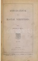 Franz von Bayros (1866-1924): Ex libris Rabovszky István, szecessziós ex libris, rajta egy allegorikus női alak (Hungária) karddal, szent koronával, klisé, papír, jelzett, 13x11 cm. In: Grünwald Béla: Közigazgatásunk és a magyar nemzetiség. Bp.,1876,Ráth Mór, 2+102 p. Később átkötött kartonált papírkötésben, bekötött papírborítókkal, kopott borítóval, sérült, hiányos gerinccel, laza fűzéssel.