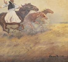 Bernáth (...) jelzéssel, XX. sz. első fele: Itatás (lovas jelenet). Olaj, vászon, sérült. 60x80 cm