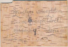 1943 Kézzel készített Tábori Postai Levelezőlap nyírfakéregből az orosz frontról Lakitelekre / WWII ...