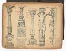 cca XIX. sz. utolsó harmada/vége Antik oszlop - figura rajzok, nyomatok, rajtuk jegyzetekkel, kopott...