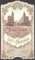 1909 A Divat Szalon zseb-naptára 1909. évre. Szecessziós díszesen litografált összehajtható zsebnaptár / kártyanaptár. Az első képen, a Ferenciek tere, a Klotild-paloták, az Erzsébet-híd és a Belvárosi plébániatemplom képével, utána 4 képen nőalakokkal, az utolsón zenélő puttóval és "Boldog Újévet" felirattal. Berlin, W. Hagelberg. A.G.-ny. két kép leszakadt, de ezt leszámítva jó állapotban, 13x7 cm