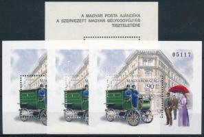 1997 Bélyegnap (70.) 4 db blokk mindegyik hátoldalán &quot;A MAGYAR POSTA AJÁNDÉKA A SZERVEZETT MAGYAR BÉLYEGGYŰJTÉS TISZTELETÉRE&quot; felirat (12.000)