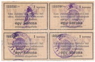 Miskolc ~1918-1919. 1K &quot;Miskolcz thjf.&quot; utalvány-jegy négyes ívben, mind &quot;MISKOLCZ&quot; perforációval, bélyegzéssel T:AU Adamo MIS-4.3o