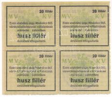 Miskolc ~1918-1919. 20f vízjeles papíron "Miskolcz thjf." utalvány-jegy négyes ívben, mind...