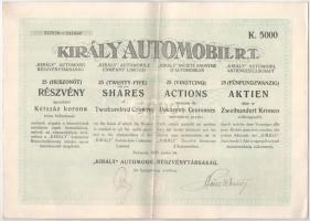 Budapest 1923. &quot;Királyi Automobil Rt.&quot; huszonöt részvénye egyben, összesen 5000K-ról, szelvényekkel T:XF