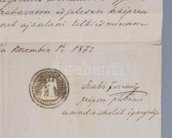1872 Félegyháza (Kiskunfélegyháza), Szabó Ferenc plébános, iskolaigazgató által kiállított ajánlólev...