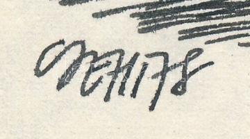 Csehi János (1952-1998): Lakáskultúra (karikatúra). Tus, ceruza, papír, jelzett. 10×18 cm