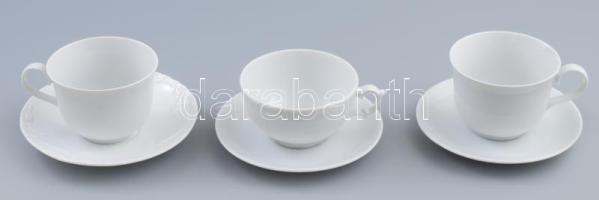 3 darab fehér porcelán csésze + 3 darab alátét, klf darabok, d: 15 cm