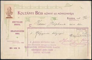 1901 Kassa, Kocziányi Béla könyv- és műnyomdája fejléces számla ruggyanta bélyegzőről, a Kassai Népb...