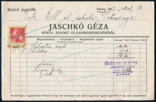 1917 Kassa, Jaschkó Géza könyv-, zenemű- és papírkereskedése fejléces számla, okmánybélyeggel