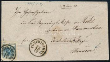 1855 9kr HP III, lemezhiba a bal felső sarokban, külföldre küldött levélen &quot;FÜNFKIRCHEN&quot; - &quot;PESTH&quot; - kék &quot;WITTLAGE&quot; (Hannover). Ritka destináció!!