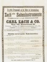 1896 Die grösste Errungenschaft auf dem Gebiete des Instrumentalbaues. Zach'sche Saiteninstrumente Carl Zach & Co., Wien. Neves bécsi hegedűkészítő reklámplakátja, hajtva, alján hiánnyal, 36x29 cm