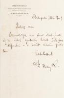 1886 Bp., Dr. Hubay Károly (1853-1896) ügyvéd, zenetörténész, a Harmonia Zeneműkiadó és Zongoragyár Rt. igazgatójának autográf aláírása és sorai, vonóért fizetendő összeg tárgyában, illetve nyugta Weisberger Miklós ügyvéd részére, Huber Károly (1828-1885) hegedűművész, karmester, zeneszerző gyűjteményéből származó Amati hegedű vételára fejében átvett összegről, ,,Harmonia" Zeneműkiadó és Zongoragyár fejléces papíron