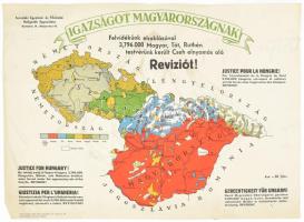 cca 1930 "Igazságot Magyarországnak! (Justice for Hungary!) Felvidékünk elrablásával 3,796.000 Magyar, Tót, Ruthén testvérünk került Cseh elnyomás alá. Reviziót!" Csehszlovákia és Magyarország néprajzi megoszlását ábrázoló irredenta térkép. Bp., Felvidéki Egyetemi és Főiskolai Hallgatók Egyesülete (Otthon-ny.), hajtva, a hátoldalán briliáns (gyémánt) rajzzal, 35x50 cm