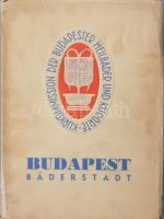 cca 1939 Budapest Bäderstadt. Budapest gyógyfürdőit ismertető kiadvány, fekete-fehér fotókkal illusztrálva, német nyelven. Bp., Központi Gyógy- és Üdülőhelyi Bizottság, 64 p. Kiadói papírkötés, kissé sérült, foltos borítóval, belül nagyrészt jó állapotban.