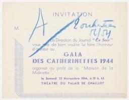 1944 Gara László (1904-1966.) író, újságíró, műfordító, irodalomtörténész részére szóló meghívó, Gala des Catherinettes 1944, 1944. nov. 25. , Théatre du Palais de Chaillot.