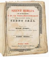 Szent Biblia, az az Istennek Ó és Új Testamentomában, foglaltatott egész Szent Írás. Ford.: Károli Gáspár, ... XXIIIdik kiadás. Pest, 1837, Trattner és Károlyi, 2+2038+2+684 [kéthasábos számozás] p. Korabeli egészbőr-kötés, kopott, sérült borítóval és gerinccel, a könyvtest elvált a borítótól, az első 7 lap (21/22. lapig) és az utolsó 3 lap levált a könyvtestről, sérült, közte részben hiányos is, a könyvtest szétvált, foltos lapokkal, kis szúette lyukakkal. Az Újszövetség nem teljes, 694 oldalban lenne teljes! Értő kezek gondos restaurálására szorul.