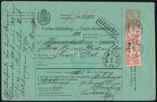 1872 5kr díjjegyes Postautalvány 2 x Réznyomat 5kr kiegészítéssel &quot;BÉLABÁNYA&quot; (Gudlin 300 pont) - &quot;PEST&quot;