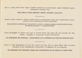 cca 1970 "Épül az ország, épül Heves megye." Heves megyei városokat, helyszíneket (Eger, Noszvaj, Mátrafüred, Hatvan) bemutató grafikák. Eger, Heves Megyei Tanácsi Beruházó-Tervező-Kivitelező Vállalatok, 5 sztl. lev.+12 (rézkarcok, előttük feliratozott hártyapapírokkal) t. Kiadói haránt-alakú hevesi szőttes borítású egészvászon-kötés, benne PEVA könyvjelzővel, jó állapotban. Rézkarc, papír, részben (?) Veszprémi Endre (1925-2013) alkotásai, rézkarcok: 9,5×13 cm.