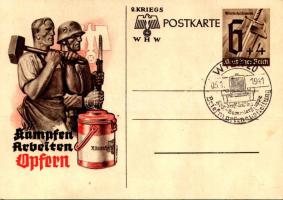 Kämpfen Arbeiten Opfern. Winterhilfswerk 2. Kriegs WHW / "Fight, work, sacrifice" NSDAP German Nazi Party working class, labor propaganda, swastika; 6+4 Ga. s: Atel. Albrecht + "1941 Wien Briefmarkenausstellung" So. Stpl