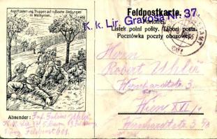 1916 Angriff. österr. ung. Truppen auf russische Stellungen in Wolhynien. Feldpostkarte / Első világháborús osztrák-magyar katonai tábori posta + &quot;K.k. Lir. Gravosa Nr. 37.&quot; (gyűrődések / creases)